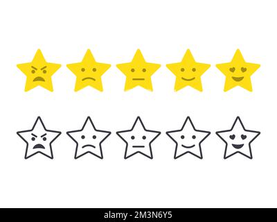 Feedback Emoticon Stars. Ein Smiley-Set mit den Stars der Umfrage. Bewertung der Kundenerfahrung. Sterne des Bewertungssystems. Grad der Zufriedenheit. Vektorsymbole Stock Vektor