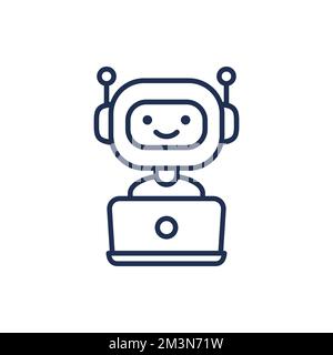 Symbol für Chatbot-Zeile. Vektorsymbol eines niedlichen, lächelnden Roboters, der hinter einem Laptop arbeitet. Modernes lineares Schild isoliert auf weißem Hintergrund Stock Vektor
