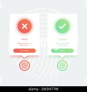 Pop-ups berühren den ID-Zugriff, um die Anwendung zu entsperren. Fingerabdruck wird gescannt. Fehler- und Erfolgsmeldungen mit Schaltflächen und Text. Flache Design-Vektorelemente Stock Vektor