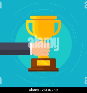 Hand-Hold-Trophäen-Preis des Gewinners. Männlicher Handbecher. Konzept des Geschäftssiegs. Goldener Pokal auf blauem Hintergrund. Veranschaulichung des Preisvektors Stock Vektor