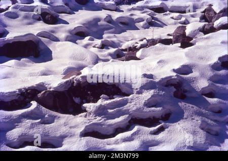 Schnee bildet sich, wenn winzige Eiskristalle in Wolken zu Schneeflocken zusammenkleben. Wenn genug Kristalle zusammenhalten, werden sie schwer genug, um auf den Boden zu fallen. Schneeflocken, die durch feuchte Luft, die etwas wärmer als 0 °C ist, absinken, schmelzen an den Rändern und kleben zusammen, um große Flocken zu erzeugen. Stockfoto