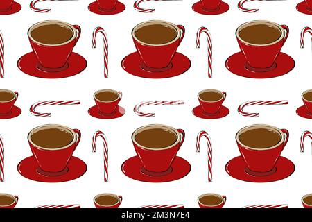 Heißes Getränk schmeichelt dem Muster. Café-Bar-Kollektion. Tassen Kaffee mit Süßigkeiten und Gewürzen. Textil- und Verpackungsdesign Stockfoto