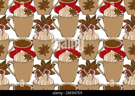 Heißes Getränk schmeichelt dem Muster. Café-Bar-Kollektion. Tassen Kaffee mit Süßigkeiten und Gewürzen. Textil- und Verpackungsdesign Stockfoto