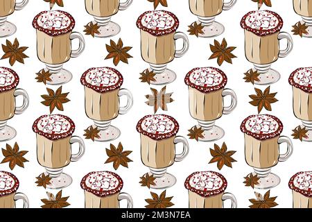 Heißes Getränk schmeichelt dem Muster. Café-Bar-Kollektion. Tassen Kaffee mit Süßigkeiten und Gewürzen. Textil- und Verpackungsdesign Stockfoto