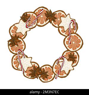 Weihnachtlicher Kranz mit Keksen, Cupcake, Zimtstangen, Orange, Anisstern. Verpackungsdesign. Stockfoto