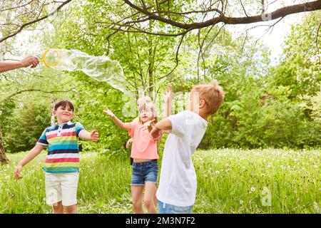 Fröhliche multirassische Kinder, die während des Urlaubs im Park mit Seifenblase spielen Stockfoto