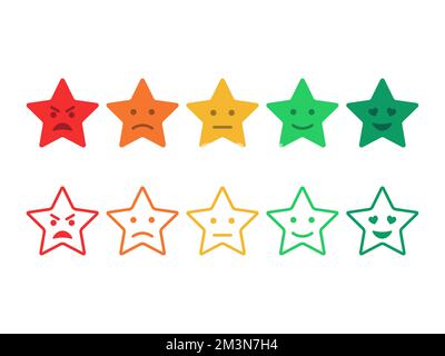 Feedback Emoticon Stars. Ein Smiley-Set mit den Stars der Umfrage. Bewertung der Kundenerfahrung. Sterne des Bewertungssystems. Grad der Zufriedenheit. Flaches Vektorsymbol Stock Vektor
