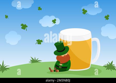 Leprechaun schläft und lehnt sich auf einen Becher Bier. St. Patricks Tag. Vektordarstellung. Stock Vektor