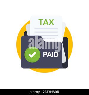 Symbol "Steuererklärung bezahlt". Papierdokumente in der Mappe mit BEZAHLTEM Schild. Symbol für flache Vektordarstellung Stock Vektor