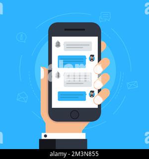 Mann, der mit Chat bot auf dem Smartphone chattet. Benutzer kommuniziert mit Chat bot über Smartphone. Messaging mit Chatbot in der mobilen App. Vektordarstellung Stock Vektor