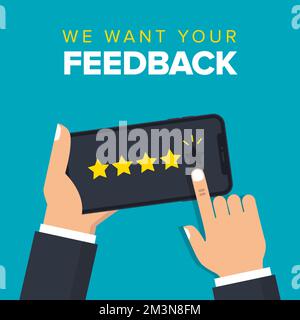 Wir möchten Ihr Feedback zur Illustration des Konzepts. Hand möchte fünf Sterne auf dem Smartphone vergeben. Unternehmensumfrage auf Mobiltelefonen. Banner zur Beförderung Stock Vektor