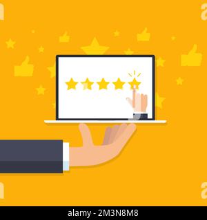 Restaurant-Feedback-Konzept. Die Hand des Kellners hält den Laptop mit der Hand, die fünf Sterne gibt. Bewertungssystem oder Ruf und Qualität des Restaurants. Vektor Stock Vektor