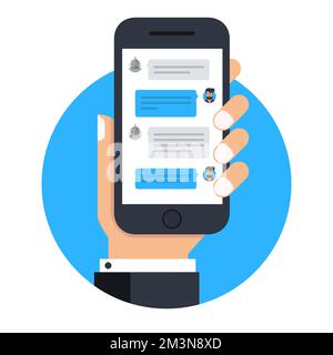 Mann, der mit dem Chat bot auf dem Mobiltelefon chattet. Benutzer kommuniziert mit Chat bot über Smartphone. Messaging mit Chatbot in der mobilen App. Vektorsymbol Stock Vektor