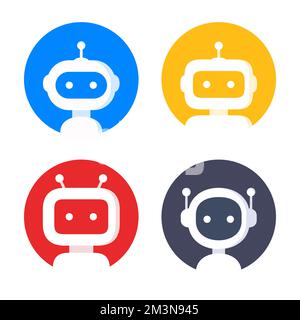 Symbolgruppe „Roboter in Kreis“. Design von bot-Schildern. Chatbot-Symbol, Logo-Vorlage. Moderne, flache Zeichentrickfilme isoliert auf Weiß Stock Vektor