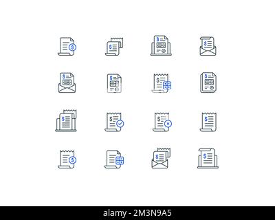 Sammlung von Symbolen für Steuer, Rechnung, Zahlung, Pauschale. Zahlung und Rechnungsstellung. Symbolgruppe für die Gliederung von Finanzdokumenten in Papierform. Symbole für Reihenfolge und Steuererklärung Stock Vektor