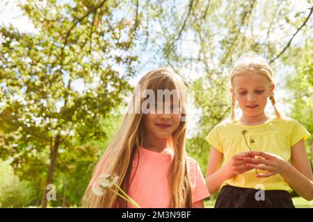 Porträt eines lächelnden Mädchens mit Löwenzahn, das von einer Freundin vor den Bäumen im Park steht Stockfoto
