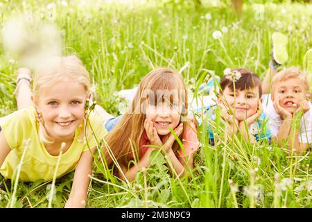 Porträt lächelnder Jungen und Mädchen mit Händen am Kinn, die auf der Wiese im Garten liegen Stockfoto