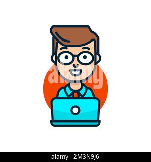 Vektordarstellung eines Mannes hinter einem Laptop. Lächelnder Geschäftsmann mit Brille, der hinter dem Schreibtisch arbeitet. Modernes Vektorsymbol mit flacher Linie auf Weiß Stock Vektor
