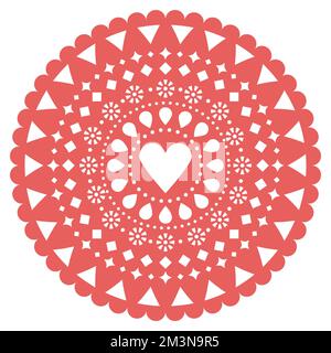 Love, Valentinstag Papierausschnitt rund Mandala Dekoration Papel Picado Vektorrot Design mit Herz und Blumen, mexikanische Partygirlande Stock Vektor