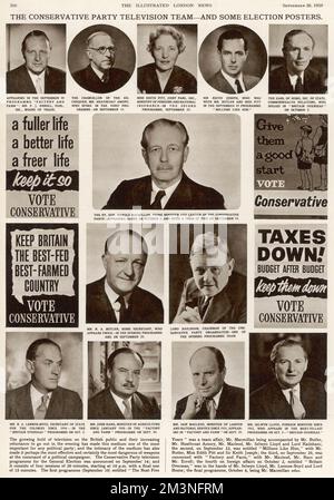 Das Fernsehteam der Konservativen Partei und einige Wahlplakate für die Parlamentswahlen vom 8.. Oktober 1959. Die Konservativen übertragen fünf Fernsehsendungen von jeweils 15 oder 20 Minuten, beginnend am 19.. September, mit Auftritten von Heathcoat Amory, Keith Joseph, Lord Hailsham, R.A. Butler und Harold Macmillan. Die Konservativen gewannen einen dritten Sieg in Folge. Datum: 1959 Stockfoto