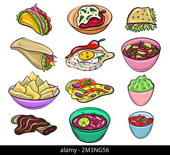Vector große Auswahl an mexikanischem Essen im Cartoon-Stil. Ikonen von Chili, Nachos, Tartilla, Tacos. Stock Vektor