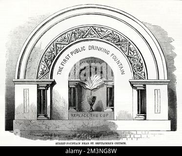 Der erste öffentliche Trinkbrunnen in London, eröffnet am 21. April 1859, befindet sich an der Grenzwand der St. Sepulchres Kirche, Snow Hill (Holborn). Der Brunnen wurde 1867 verlegt und 1913 nur teilweise wieder eingesetzt, aber es gibt Pläne, ihn wieder in seinem ursprünglichen Design und seiner ursprünglichen Funktion zu verwenden. Datum: 1859 Stockfoto