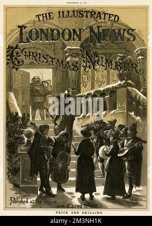 Nachtrag zum Weihnachtseinband für die illustrierten London News, 1875. Eine Gruppe von Musikern wird an der Tür mit einer großen Schüssel Wassail begrüßt. Datum: 1875 Stockfoto