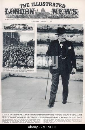 Churchill verließ Downing Street nach der Wahlniederlage 1945 Stockfoto