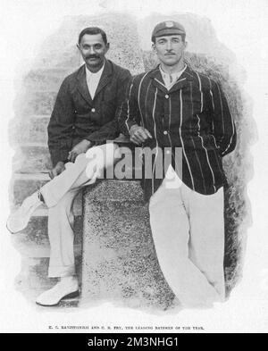 Die führenden Schlagmänner des Jahres 1901, Cricketspieler K.S. Ranjitsinhji (1872-1933) und C.B. Fry (Charles Burgess Fry 1872-1956). Datum: 1901 Stockfoto