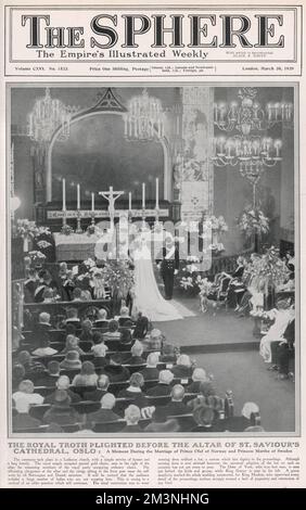 Ein Moment während der Hochzeit von Prinz Olaf von Norwegen und Prinzessin Marthe von Schweden, die in einer lutherischen Kirche, St., stattfand Erlöserkathedrale in Oslo mit einem einfachen Gottesdienst und einer langen Hommage. Der Herzog von York, später König George VI., war Trauzeuge. Datum: 1929 Stockfoto