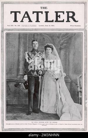 Prinz Gustavus Adolphus von Schweden, mit seiner Braut Prinzessin Margaret von Connaught an ihrem Hochzeitstag, dem 15. Juni 1905. Das Foto wurde direkt nach der Zeremonie in Windsor aufgenommen. Datum: 1905 Stockfoto