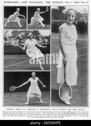 Szenen aus einem Tennisspiel in Wimbledon zwischen den Topspielern, Miss Kathleen McKane und Mademoiselle Suzanne Lenglen, die England bzw. Frankreich vertreten. Es gibt vier Fotografien von Lenglen (im Faltenrock) - das verbleibende Foto ist von McKane. Datum: 1923 Stockfoto