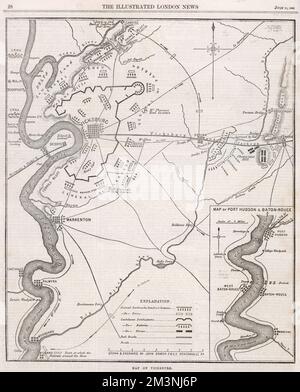 Karte von Vicksburg, Mississippi, während des US-Bürgerkriegs, als Odysseus S Grant und seine Armee von Tennessee die konföderierte Armee von John C. Pemberton zurück nach Vicksburg fuhren und die Stadt belagerten. Eine kleine Karte von Port Hudson und Baton-Rouge ist ebenfalls im Preis inbegriffen. Datum: 1863 Stockfoto
