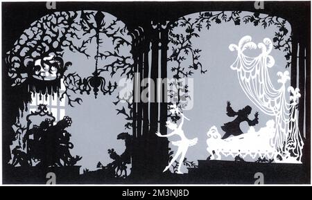 Während der König und die Königin schlafen, beugt sich Prinz Charming mit dem Segen der Fee, um die schlafende Prinzessin zu küssen und weckt sie auf. Illustration für ein Märchen von Charles Perrault, erstmals veröffentlicht 1697, und in mehreren Versionen als Ballett aufgeführt, wobei das berühmteste Ballett von Tschaikowsky gespielt wurde, das erstmals im Jahr 1890 aufgeführt wurde. Datum: 1960 Stockfoto