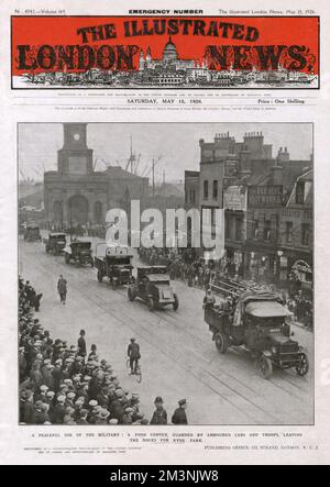 Ein Lebensmittelkonvoi, bewacht von gepanzerten Autos und Truppen, verlässt London Docks, bricht durch eine Streikpostenlinie auf und geht zum Hyde Park. 8. Mai 1926 Stockfoto