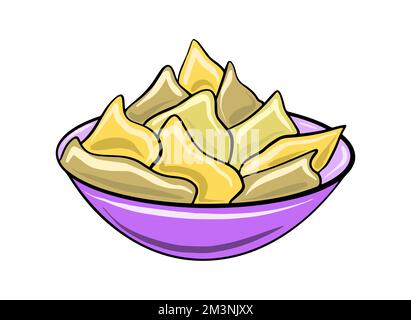 Vector Purple Platte mit Nachos. Mexikanisches Fast Food. Chips-Illustration im flachen Cartoon-Stil. Stock Vektor