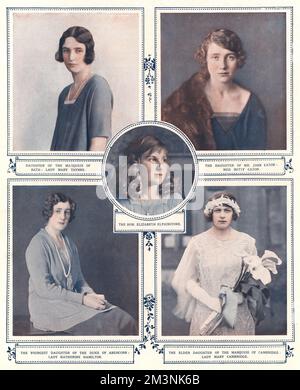 Fünf der acht Brautjungfern bei der königlichen Hochzeit zwischen Prinz Albert, Herzog von York und Lady Elizabeth Bowes-Lyon am 26. April 1923 in Westminster Abbey. Im Uhrzeigersinn von links; Lady Mary Thynne, Tochter des Marquis von Bath, Miss Betty Cator, Lady Mary Cambridge, ältere Tochter des Marquis von Cambridge, Lady Katherine Hamilton, jüngste Tochter des Herzogs von Abercorn und Mitte, die ehrenwerte Elizabeth Elphinstone. Datum: 1923 Stockfoto