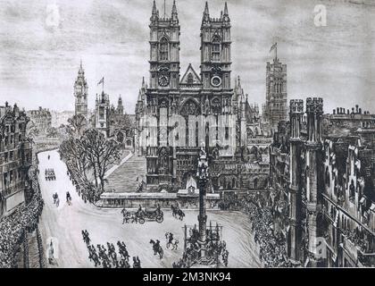 Die Szene in Westminster nach der Heirat von Prinzessin Elizabeth und Leutnant Philip Mountbatten, Herzog von Edinburgh in der Abtei am 20. November 1947. Der Glasbus verlässt den scharlachroten und goldenen Eingang an der Great West Door of the Abbey, und während er sich in den Parliament Square verwandelt, wartet eine Kavallerie-Eskorte darauf, hinter sich herzufallen. In diesem Moment die Glocken von Westminster Abbey und St. Margaret's wartete die Ankündigung, dass die Zeremonie vorbei sei, und auf dem ganzen Weg zum Palast warteten riesige erwartungsvolle Menschenmassen. Datum: 1947 Stockfoto