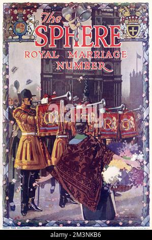 Cover of the Sphere Royal Marriage Number for the wedding of Princess Mary, only Daughter of King George V. and Queen Mary, and Viscount Lascelles, later the 6. Earl of Harewood, on 28. February 1922. Westminster Abbey, wo sie geheiratet haben, ist im Hintergrund. Datum: 4.. März 1922 Stockfoto