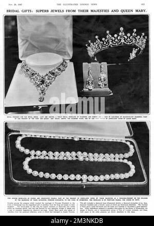 Hervorragende Juwelen, die Prinzessin Elizabeth anlässlich ihrer Hochzeit mit Leutnant Philip Mountbatten am 20. November 1947 überreicht wurden. Das obere Foto zeigt eine königliche Kette aus Diamanten und Rubinen und ein Paar Ohrringe aus Baguette-geschnittenen Diamanten von König George VI. Und Königin Elizabeth sowie ein Diamant-Diadem, eines von neun Schmuckstücken von Königin Mary. Die Perlenketten unten aus gepflückten und abgestuften Perlen bilden einen weiteren Teil der Gegenwart des Königs und der Königin. Datum: 1947 Stockfoto