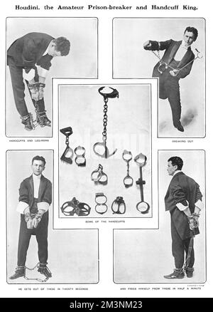 Harry Houdini (1874 - 1926), in einer Reihe von Fotos, die aus einer riesigen Anzahl von inhaftierten Handschellen entkamen. Stockfoto