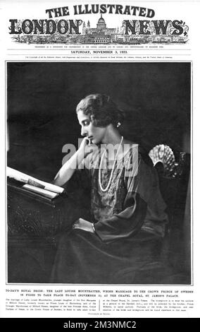 Lady Louise Mountbatten (1889 - 1965), später Königin Consort von König Gustav VI. Adolf von Schweden, abgebildet auf der Titelseite der illustrierten London News kurz vor ihrer Hochzeit mit dem Witwer Kronprinz von Schweden im Jahr 1923. Lady Louise war die zweite Tochter von Prinz Louis von Battenberg und Prinzessin Victoria von Hessen und die ältere Schwester von Lord Louis Mountbatten. Der Kronprinz war zuvor mit Prinzessin Margaret von Connaught verheiratet, die 1920 im Alter von 38 Jahren gestorben war. Stockfoto