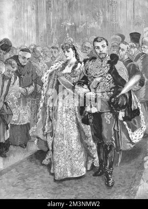 Die kaiserliche Hochzeit in St. Petersburg zeigt, wie Braut und Bräutigam die Kapelle verlassen. Datum: 1894 Stockfoto