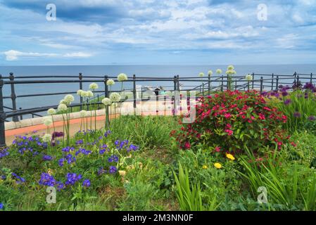 Saltburn Beach und Klippen von der Cliff Liftstation. Saltburn-by-the-Sea; North Yorkshire; England; Vereinigtes Königreich Stockfoto