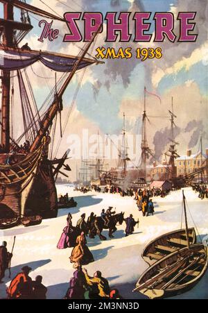 Titelseite des Magazins Sphere für Weihnachten 1938 mit einer Abbildung der Themse, die 1683 gefroren wurde. Der Fluss war lange genug gefroren, damit die berühmte Frostmesse stattfinden konnte, auf der sich Bauhalter und Entertainer auf dem Eis niederließen. Datum: 1938 Stockfoto