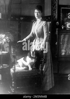 Queen Mary (1867 - 1953), früher Prinzessin May of Teck, trug eine karierte Jacke und einen Rock und posierte mit einem Beagle-ähnlichen Hund. Datum: c.1890 Stockfoto