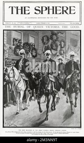 König Edward VII, montiert auf einem dunklen Ladegerät, ist auf dem Deckel der Kugel abgebildet, der als Haupttrauernder bei der Beerdigung seiner Mutter, Queen Victoria, in London gezeigt wird. Zu seiner Rechten ritt der deutsche Kaiser, zu seiner Linken der Herzog von Connaught. Datum: Februar 1901 Stockfoto