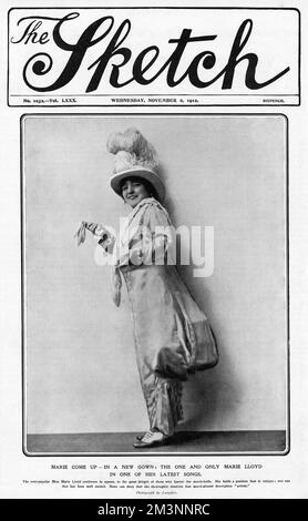Marie Lloyd, geboren Matilda Alice Victoria Wood (1870 - 1922), britische Musiksängerin, Entertainerin und Comedienne. Eine Superstar-Weltmeisterin zu ihrer Zeit, die das höchste Gehalt eines Entertainers bestritt. Abbildung auf der Titelseite des Magazins Sketch im November 1912. Datum: 1912 Stockfoto