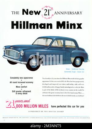 Werbung zum neuen 21.-jährigen Jubiläum von Hillman Minx, 'ein schönes Auto sogar 1932'. Datum: 1953 Stockfoto