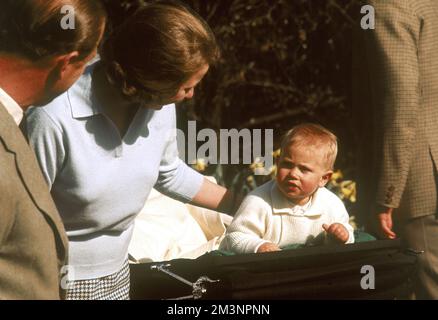 Ein Jahr alter Prinz Edward (Graf von Wessex) in seinem Kinderwagen mit seiner älteren Schwester Prinzessin Anne, die ihm Aufmerksamkeit schenkte, während sein Vater, Prinz Philip, Herzog von Edinburgh, zuschaute. Aufgenommen in Frogmore am 13. April 1965. Datum: 1965 Stockfoto